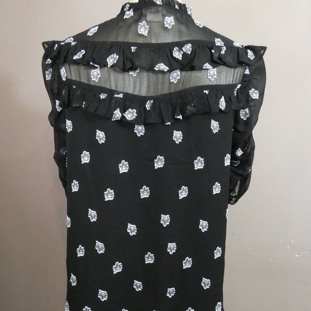 Shoshanna Women's M Terra Top Black Semi Sheer Floral Button Up Ruffle Detail - Picture 8 of 11